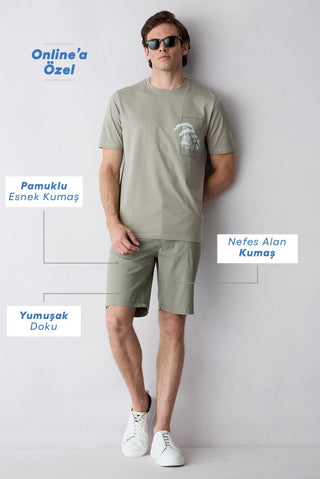  Orta Haki Regular Fit Standart Kesim Yan Cepli Pamuklu Bermuda Şort