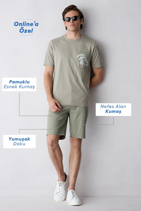 Orta Haki Regular Fit Standart Kesim Yan Cepli Pamuklu Bermuda Şort
