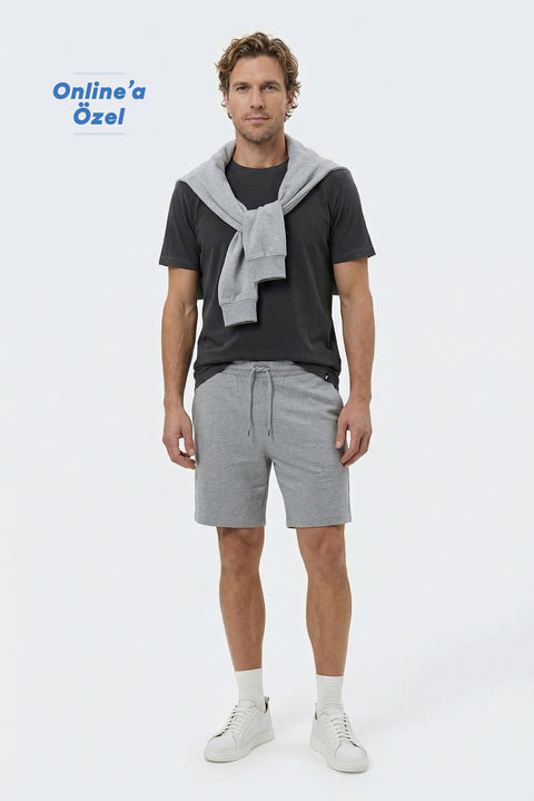 Medium Gray Melange Elastic Waistband Drawstring Pockets Cotton Jersey Sport Sweat Shorts