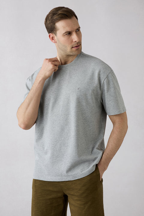 Medium Grey Marl Crew Neck Oversize Printed Embroidered Cotton T-Shirt