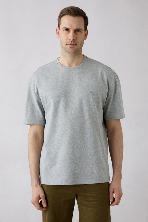 Medium Grey Marl Crew Neck Oversize Printed Embroidered Cotton T-Shirt