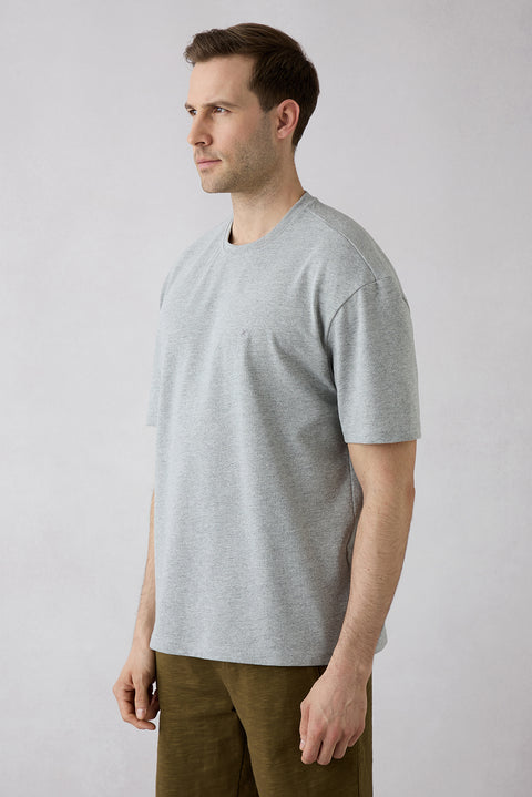 Medium Grey Marl Crew Neck Oversize Printed Embroidered Cotton T-Shirt