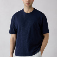 Dark Navy Blue Crew Neck Oversized Printed Embroidered Cotton T-Shirt