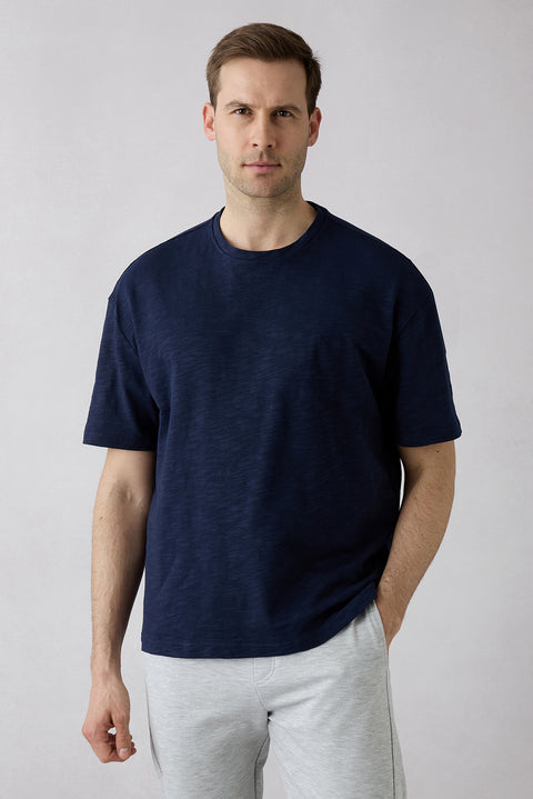 Dark Navy Blue Crew Neck Oversized Printed Embroidered Cotton T-Shirt