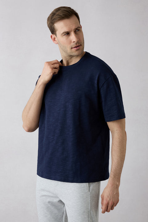 Dark Navy Blue Crew Neck Oversized Printed Embroidered Cotton T-Shirt