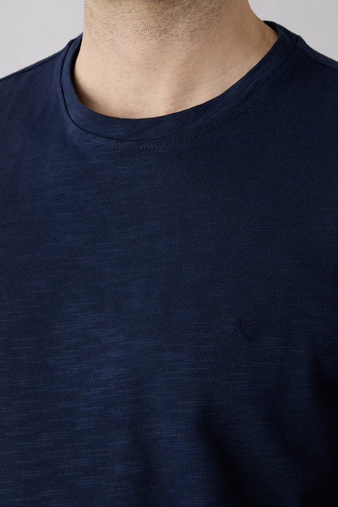 Dark Navy Blue Crew Neck Oversized Printed Embroidered Cotton T-Shirt