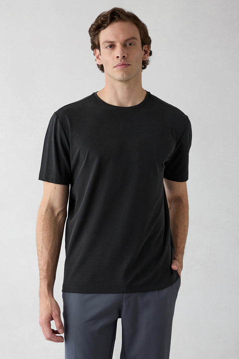 Siyah Regular Fit Bisiklet Yaka Lyocell Karışımlı Basic Tişört