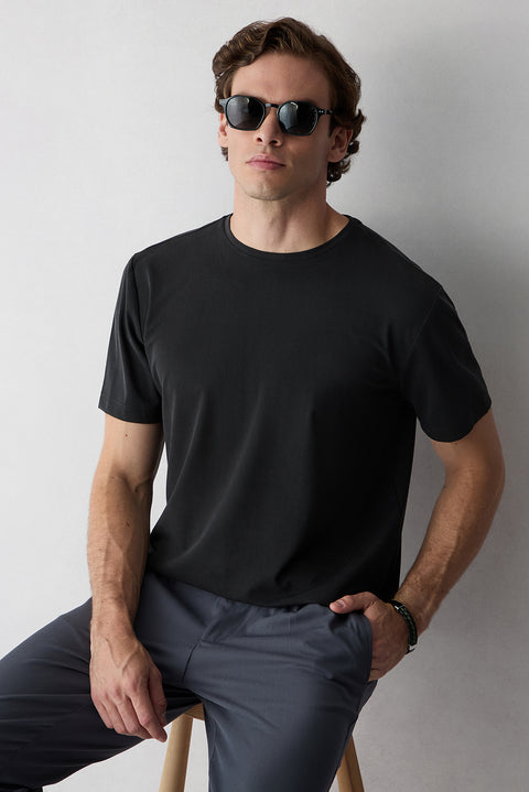 Siyah Regular Fit Bisiklet Yaka Lyocell Karışımlı Basic Tişört