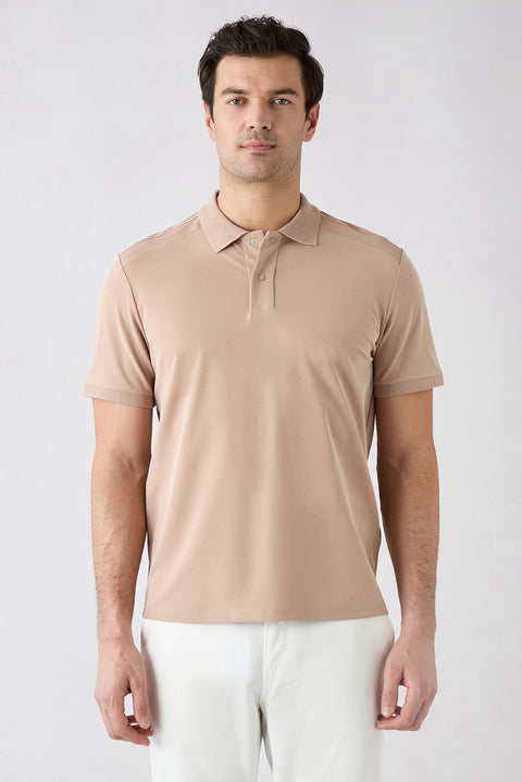 Orta Bej Regular Fit Çıtçıtlı Polo Yaka Ribana Detaylı Lyocell Karışımlı Tişört