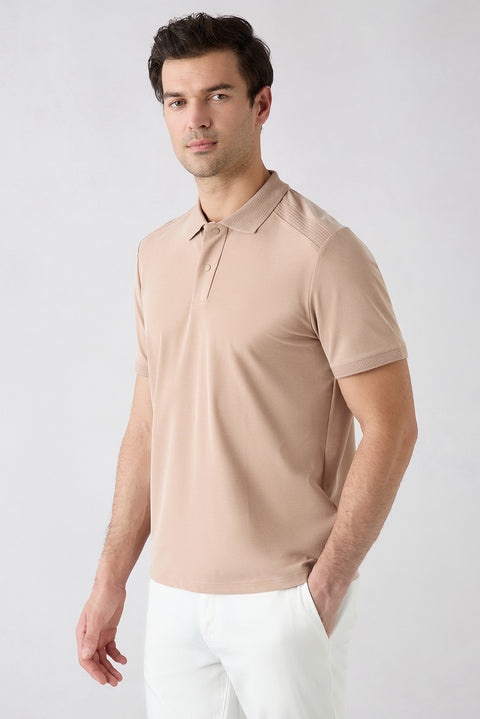 Orta Bej Regular Fit Çıtçıtlı Polo Yaka Ribana Detaylı Lyocell Karışımlı Tişört