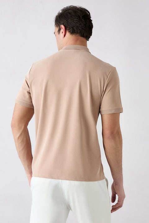 Orta Bej Regular Fit Çıtçıtlı Polo Yaka Ribana Detaylı Lyocell Karışımlı Tişört