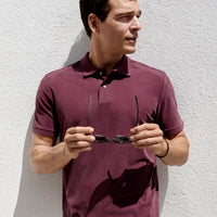 Dark Burgundy Regular Fit Snap-Button Polo Ribbed Lyocell Blend T-Shirt