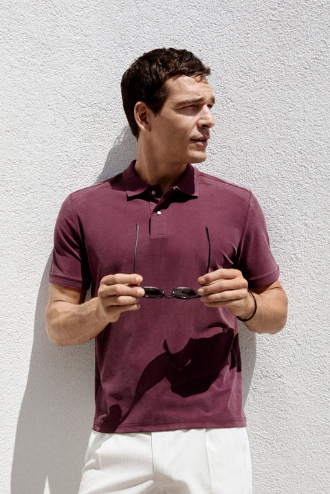 Dark Burgundy Regular Fit Snap-Button Polo Ribbed Lyocell Blend T-Shirt