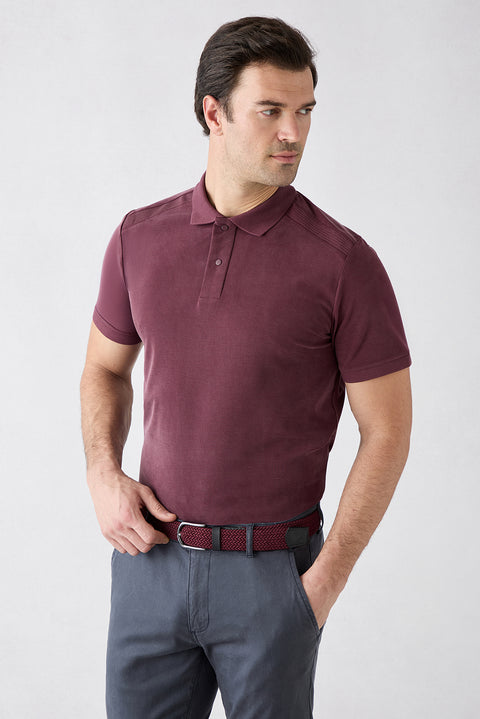 Dark Burgundy Regular Fit Snap-Button Polo Ribbed Lyocell Blend T-Shirt