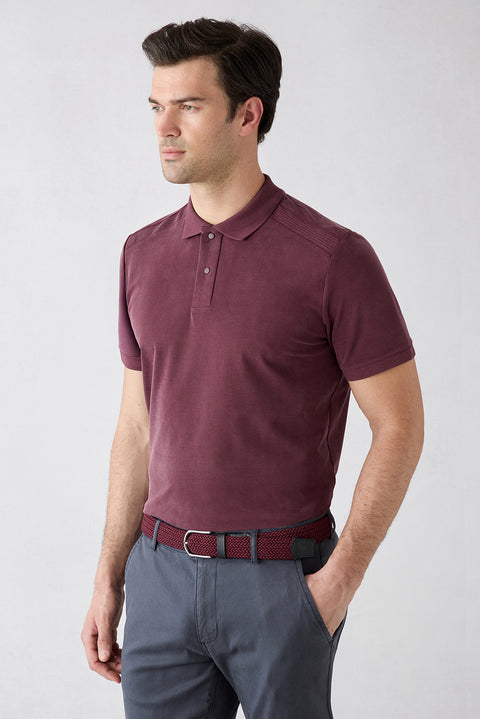 Dark Burgundy Regular Fit Snap-Button Polo Ribbed Lyocell Blend T-Shirt