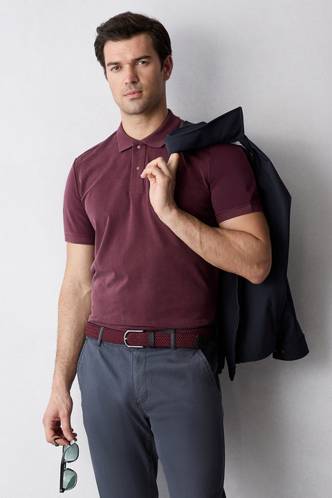 Dark Burgundy Regular Fit Snap-Button Polo Ribbed Lyocell Blend T-Shirt