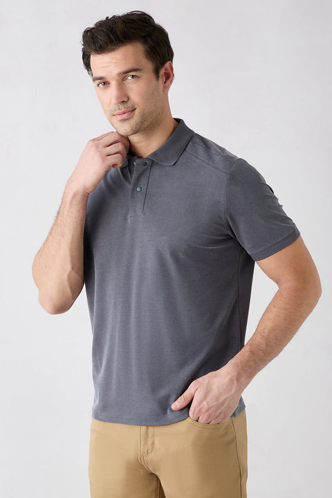 Orta Antrasit Regular Fit Çıtçıtlı Polo Yaka Ribana Detaylı Lyocell Karışımlı Tişört