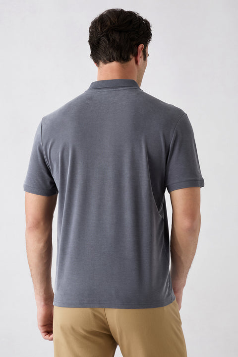 Orta Antrasit Regular Fit Çıtçıtlı Polo Yaka Ribana Detaylı Lyocell Karışımlı Tişört