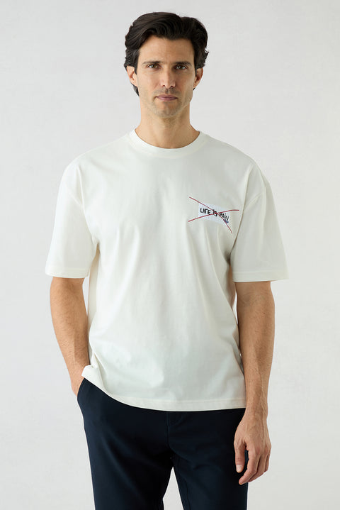 Off-white crew neck oversize cotton printed t-shirt