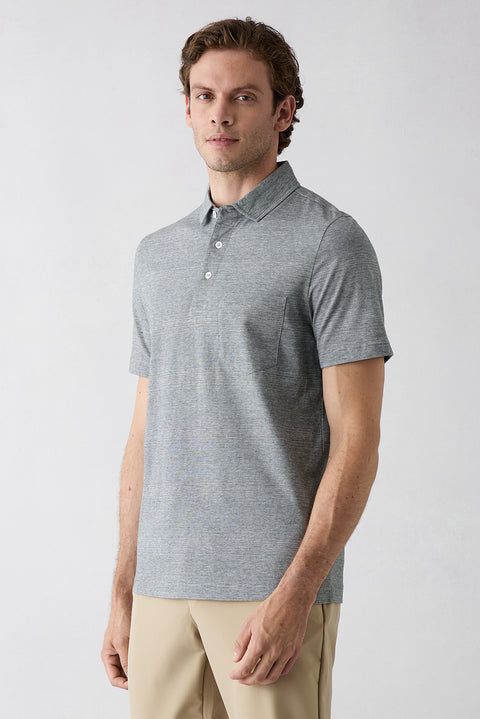 Light Grey Melange Regular Fit Button-Up Polo Neck Pocketed Patterned 100% Cotton Breathable Mercerized T-Shirt