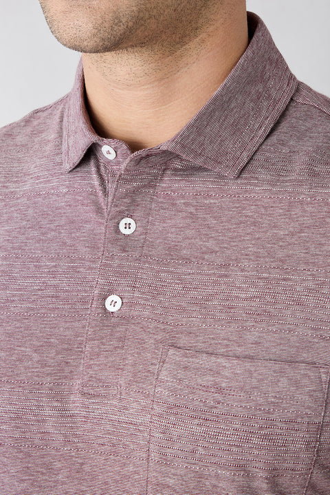 Koyu Bordo Regular Fit Düğmeli Polo Yaka Cepli Desenli %100 Pamuk Nefes Alabilen Merserize Tişört