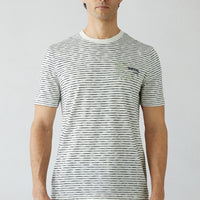 Ekru Bisiklet Yaka Regular Fit Çizgili Baskılı Pamuklu Tişört