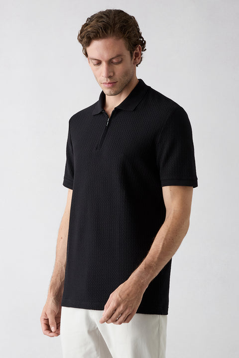 Black Polo Collar Regular Fit Cotton Patterned T-shirt