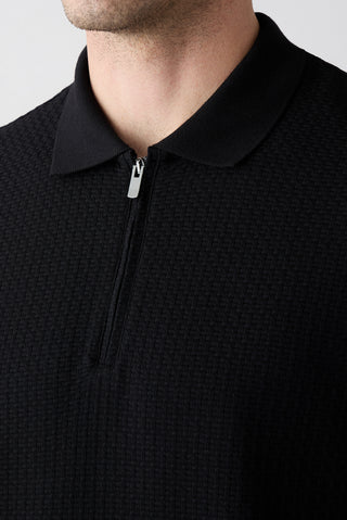  Siyah Fermuarlı Polo Yaka Regular Fit %100 Pamuk Desenli Tişört