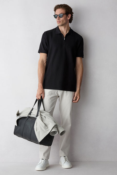 Black Polo Collar Regular Fit Cotton Patterned T-shirt