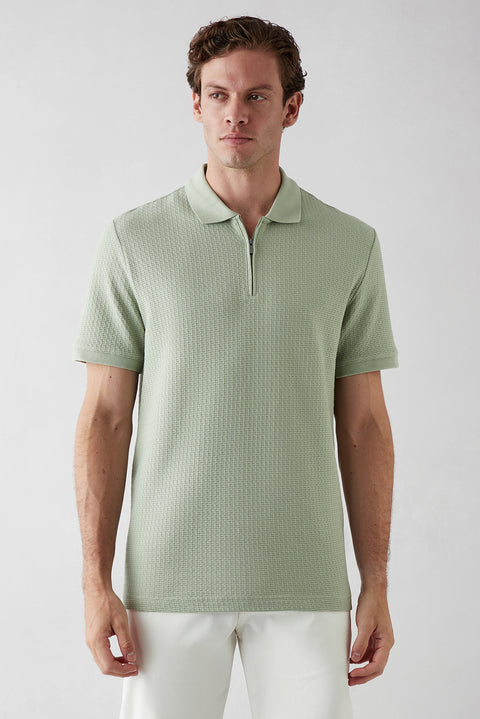 Light Green Polo Collar Regular Fit Cotton Patterned T-shirt