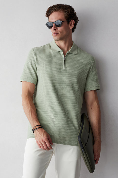 Light Green Polo Collar Regular Fit Cotton Patterned T-shirt