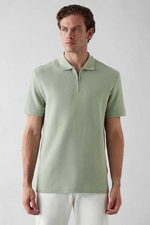 Light Green Polo Collar Regular Fit Cotton Patterned T-shirt