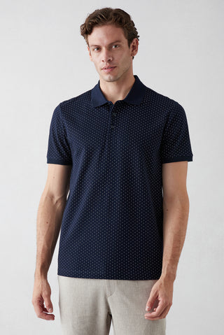  Koyu Lacivert Regular Fit Desenli Düğmeli Polo Yaka Örme Tişört