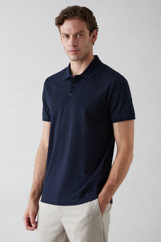  Koyu Lacivert Regular Fit Desenli Düğmeli Polo Yaka Örme Tişört