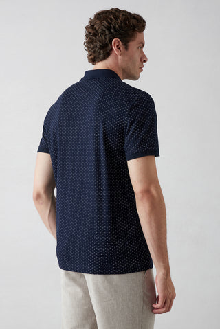  Koyu Lacivert Regular Fit Desenli Düğmeli Polo Yaka Örme Tişört