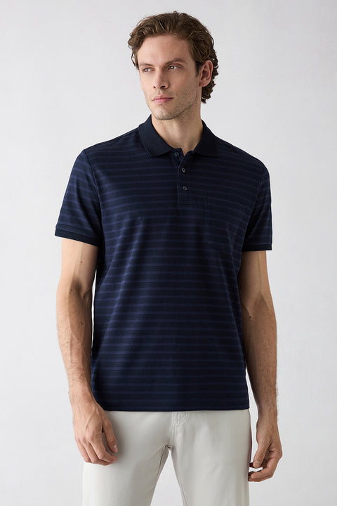 Dark Navy Regular Fit Crew Neck Striped Cotton T-shirt