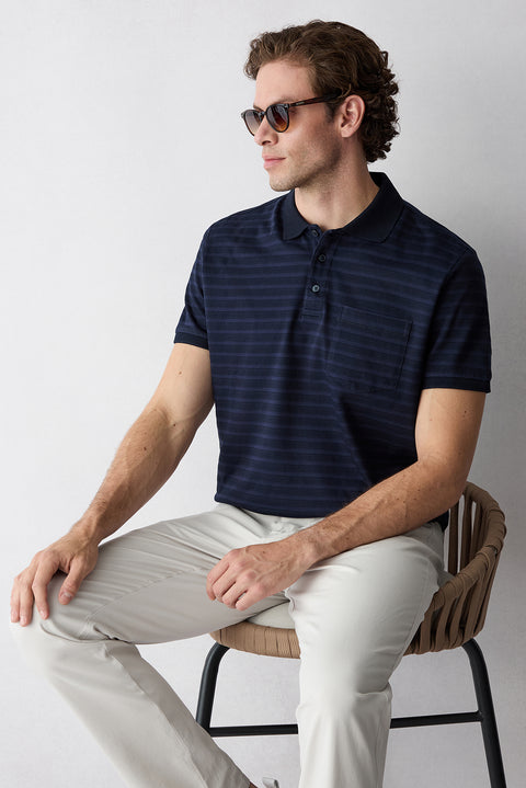 Dark Navy Regular Fit Crew Neck Striped Cotton T-shirt