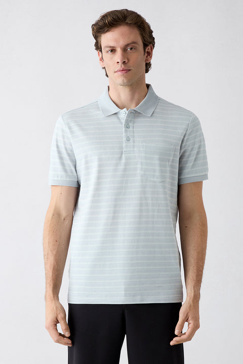 Light Blue Regular Fit Crew Neck Striped Cotton T-shirt