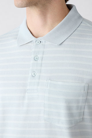  Açık Mavi Regular Fit Düğmeli Polo Yaka Çizgili Cepli %100 Pamuk Tişört