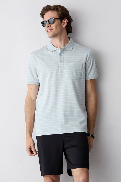 Light Blue Regular Fit Crew Neck Striped Cotton T-shirt