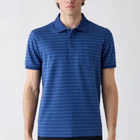 Saks Mavi Regular Fit Düğmeli Polo Yaka Çizgili Cepli %100 Pamuk Tişört