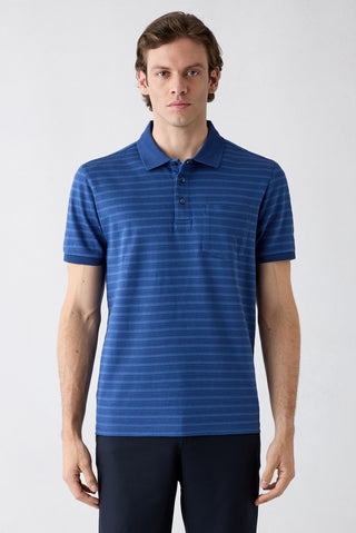  Saks Mavi Regular Fit Düğmeli Polo Yaka Çizgili Cepli %100 Pamuk Tişört