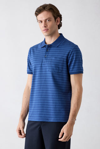  Saks Mavi Regular Fit Düğmeli Polo Yaka Çizgili Cepli %100 Pamuk Tişört