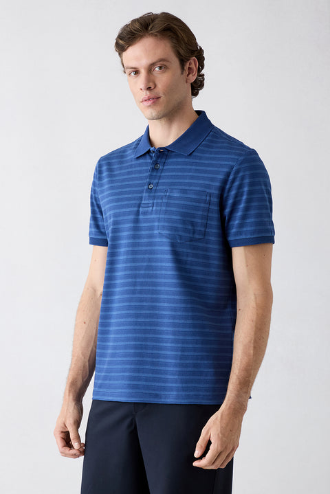 Saks Mavi Regular Fit Düğmeli Polo Yaka Çizgili Cepli %100 Pamuk Tişört
