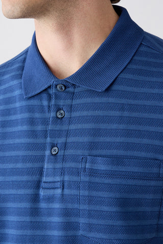  Saks Mavi Regular Fit Düğmeli Polo Yaka Çizgili Cepli %100 Pamuk Tişört