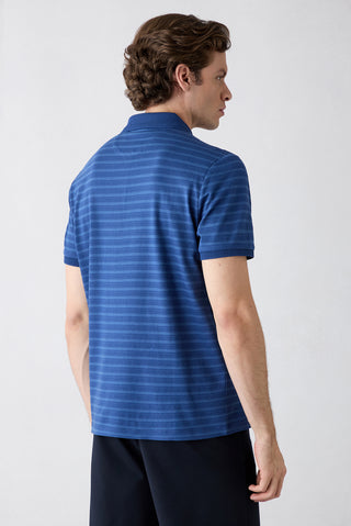  Saks Mavi Regular Fit Düğmeli Polo Yaka Çizgili Cepli %100 Pamuk Tişört
