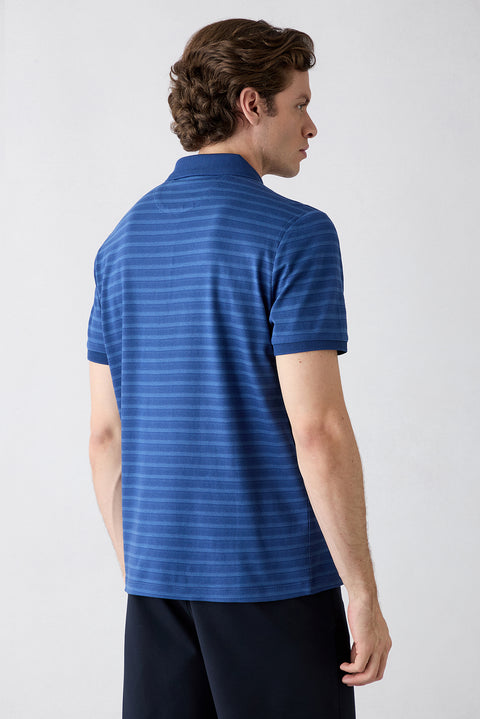 Saks Mavi Regular Fit Düğmeli Polo Yaka Çizgili Cepli %100 Pamuk Tişört