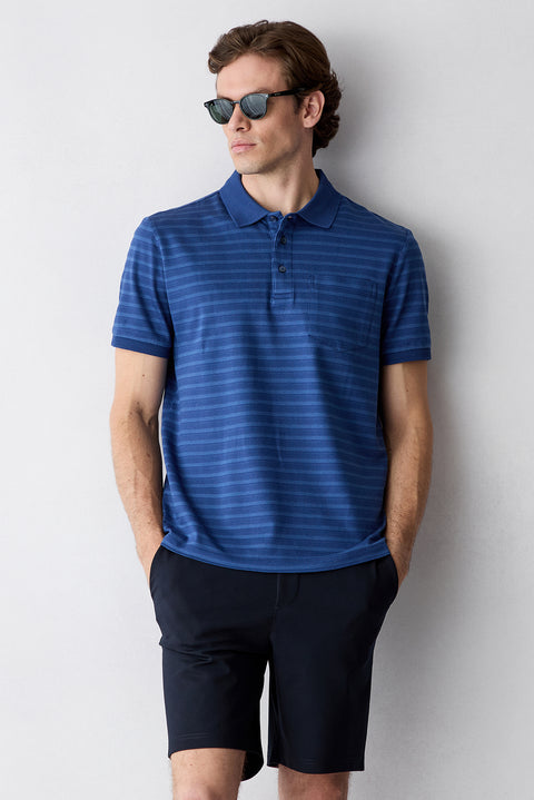 Saks Mavi Regular Fit Düğmeli Polo Yaka Çizgili Cepli %100 Pamuk Tişört