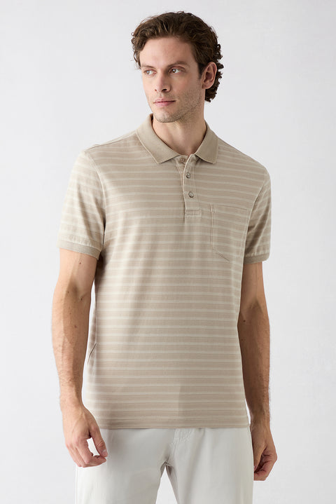 Light Beige Regular Fit Crew Neck Striped Cotton T-shirt