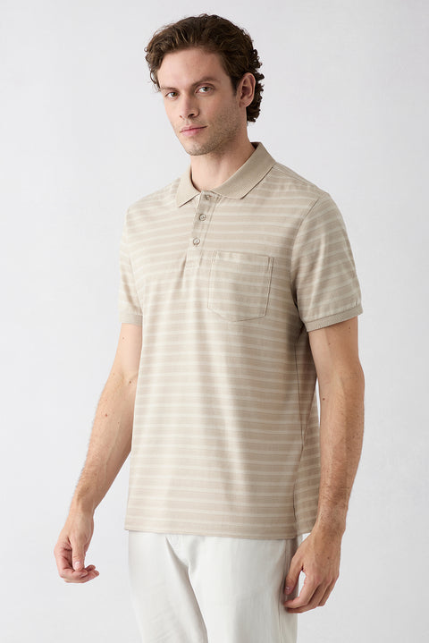 Light Beige Regular Fit Crew Neck Striped Cotton T-shirt